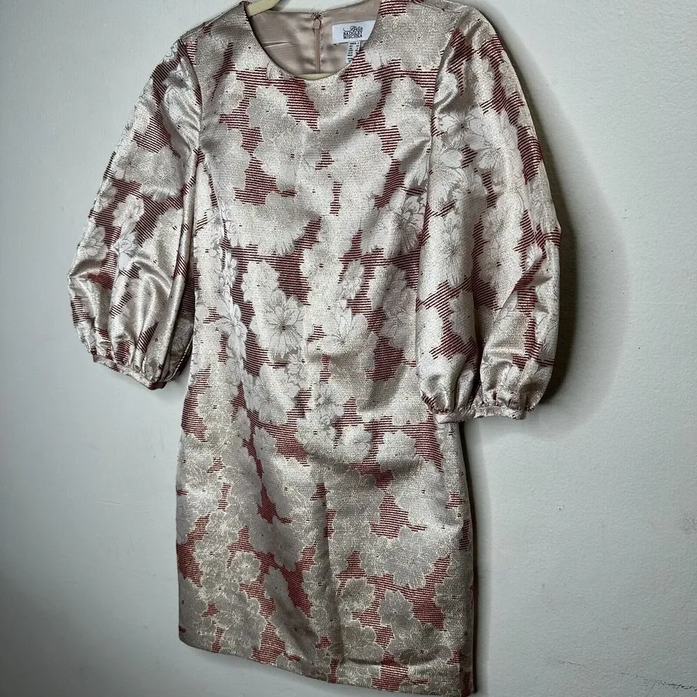 Belle Badgley Mischka Red & Gold Metallic Stripe Floral Balloon Sleeve Dress 2